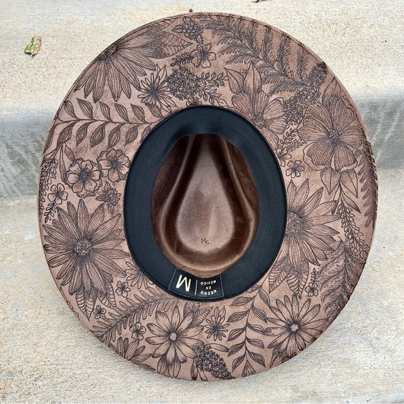Brown floral burned rancher style cowboy hat wide brim